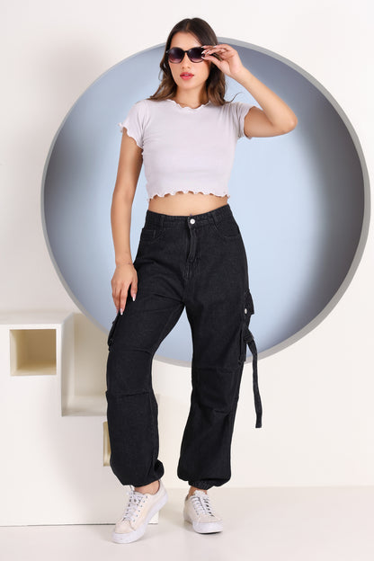 Women’s Black Cargo Joggers – 6 Pocket Street Fit