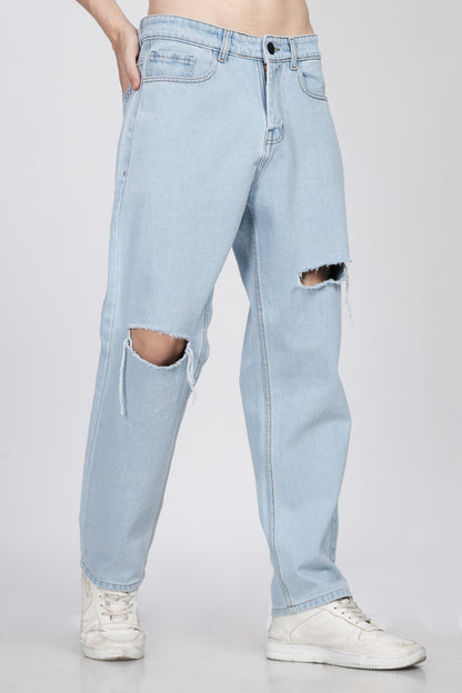 Knee- Slit Baggy Jeans- Light Blue