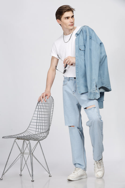 Knee- Slit Baggy Jeans- Light Blue