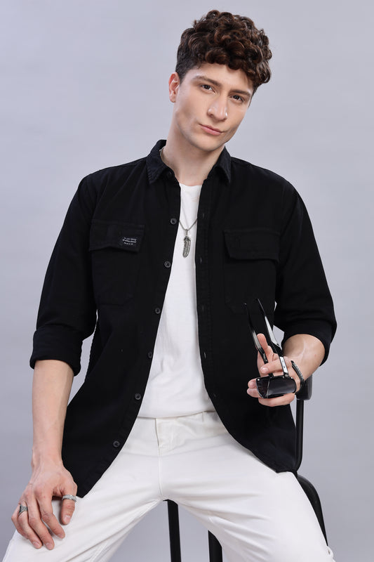Solid Black Cotton Shirt | Dual Pocket | Regular Fit