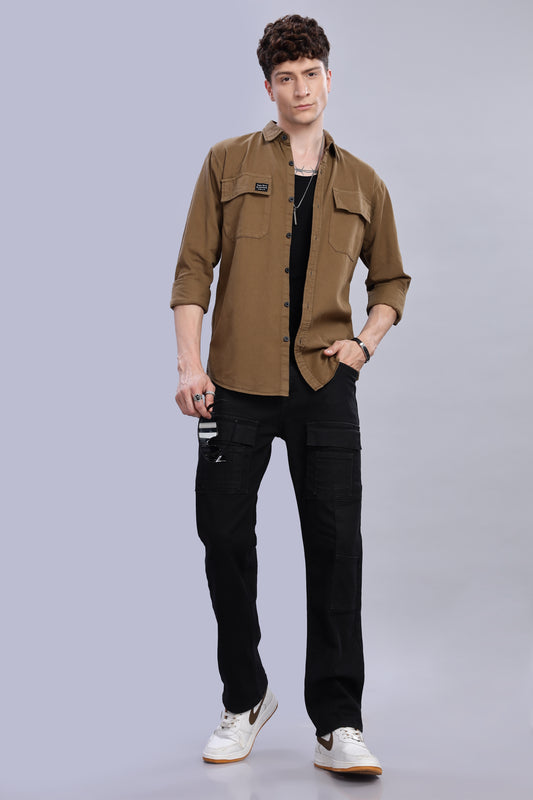 Brown Cotton Shirt | Dual Pocket | Regular Fit