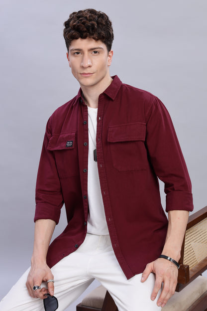 Mahroon Cotton Shirt | Dual Pocket | Regular Fit