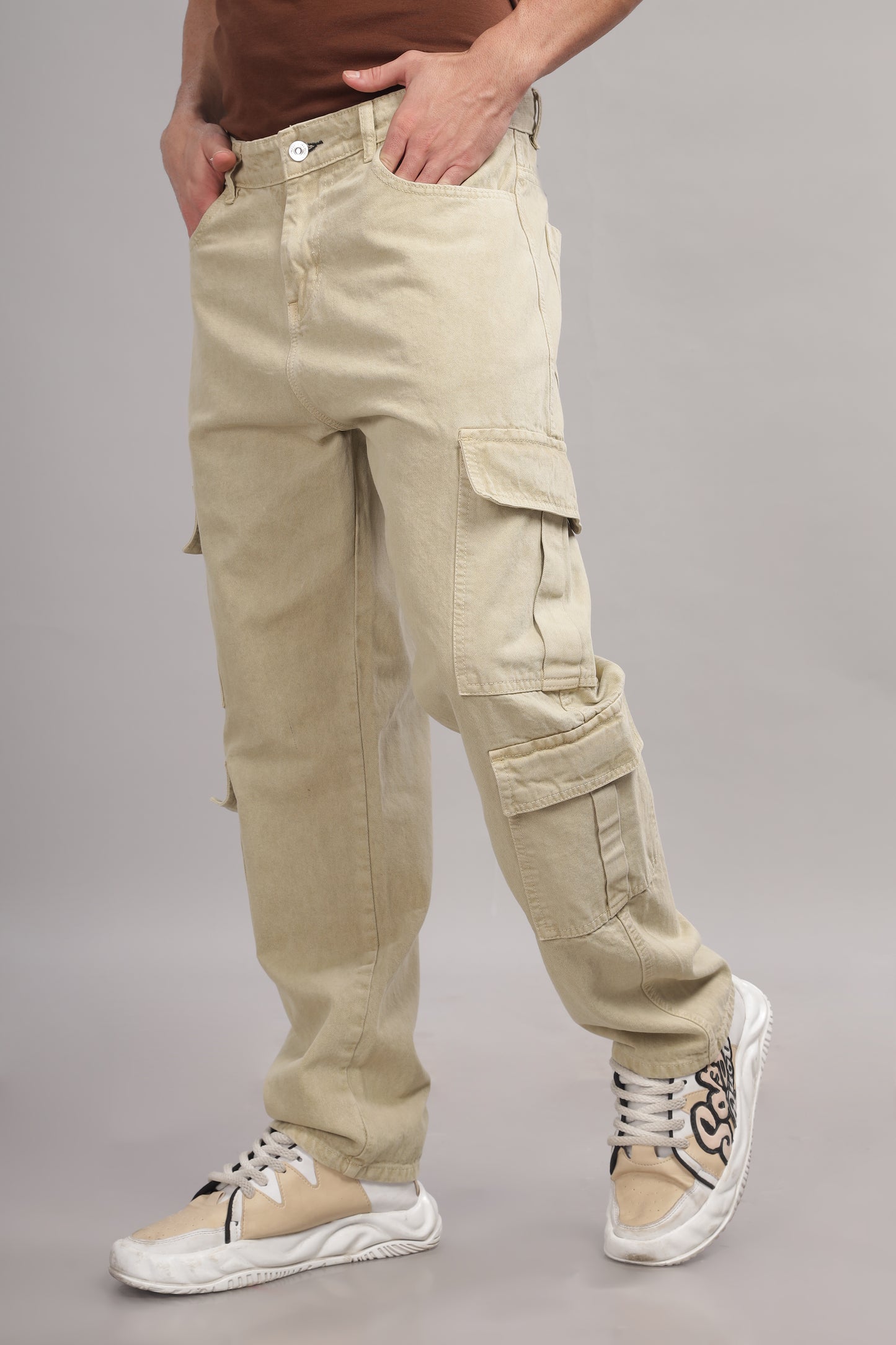 8 Pocket Cargo Denim | Baggy Fit Jeans | Beige