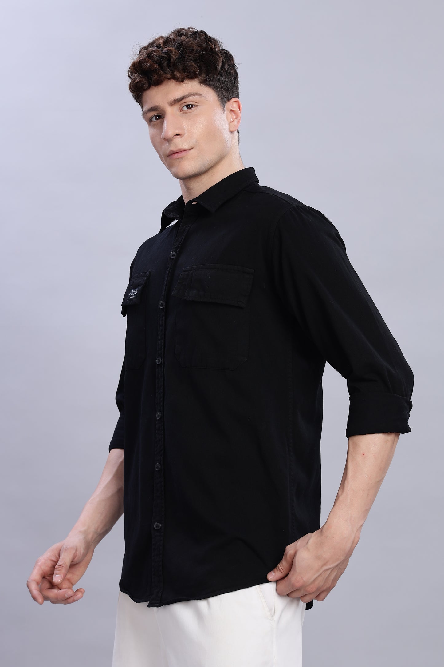 Solid Black Cotton Shirt | Dual Pocket | Regular Fit