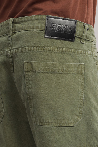 8 Pocket Cargo Denim | Baggy Fit Jeans | Olive Green