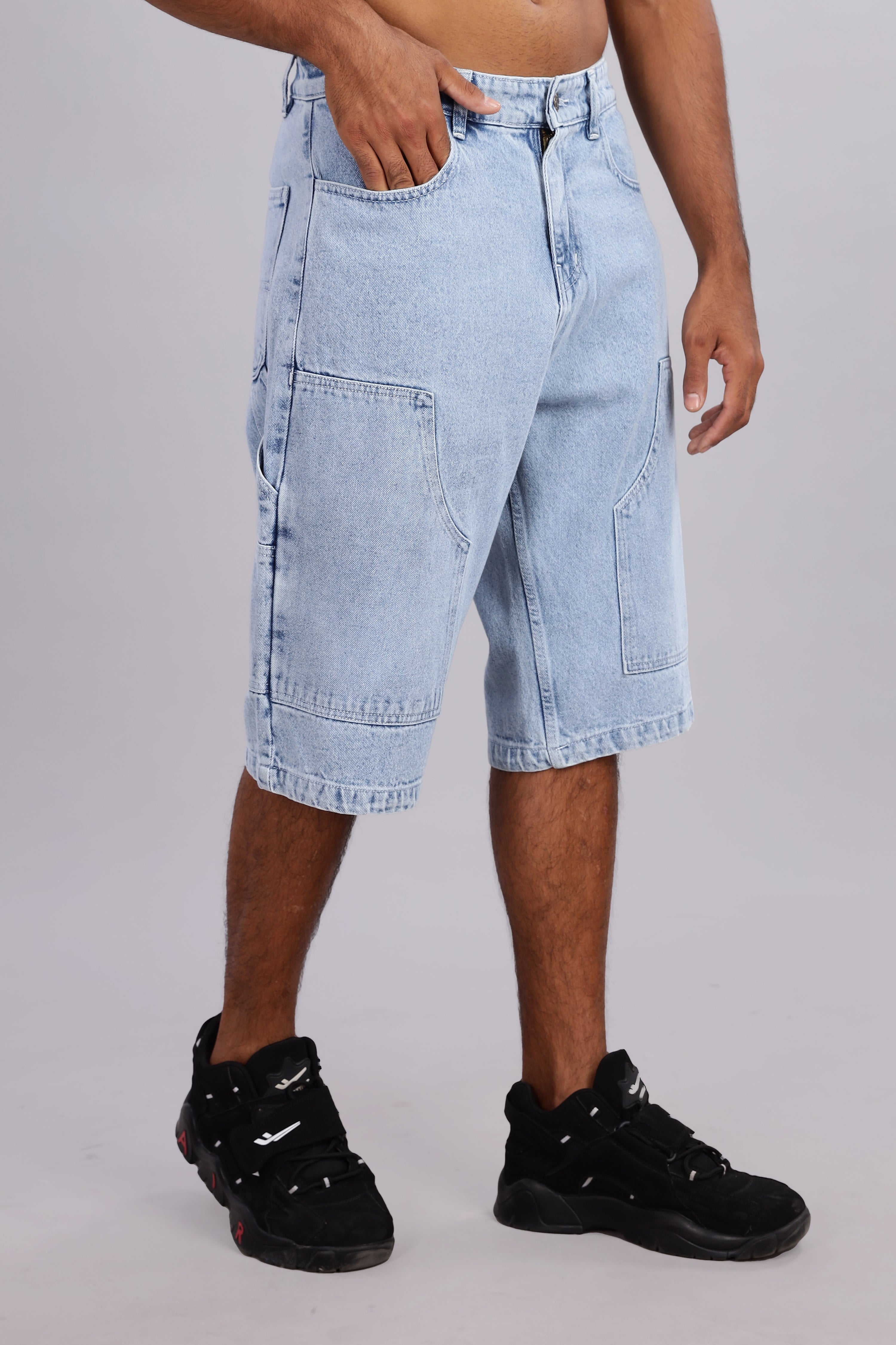 Baggy Fit Utility Denim Jorts – Light Blue