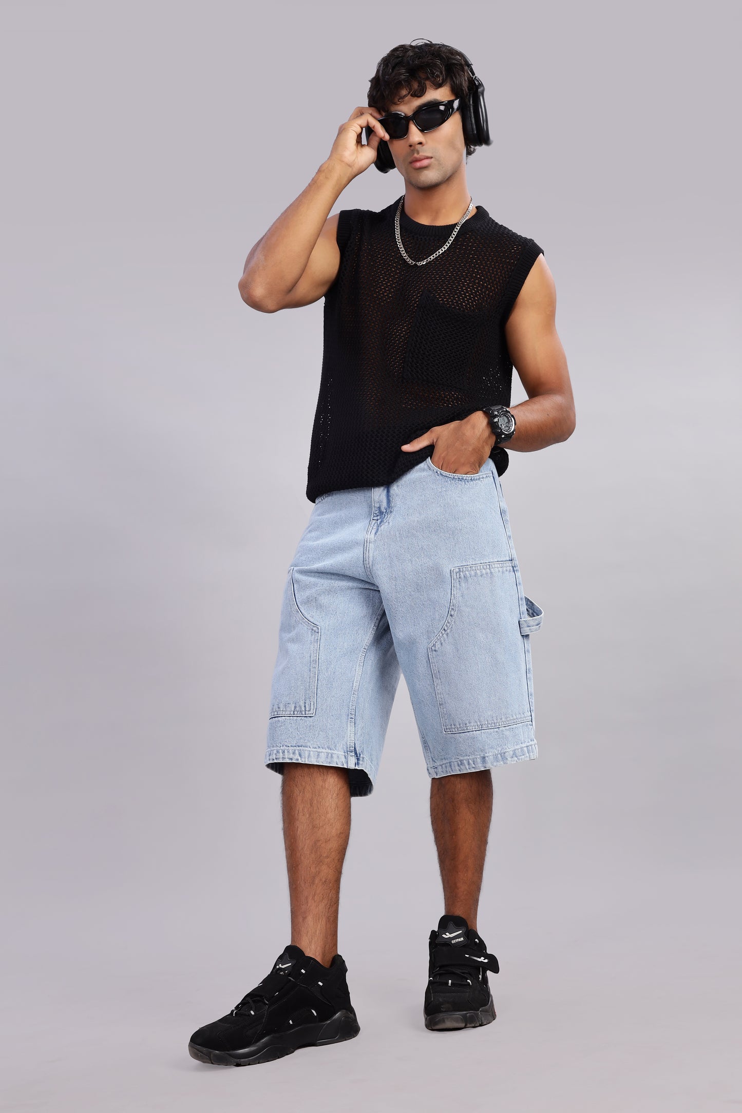 Baggy Fit Utility Denim Jorts – Light Blue