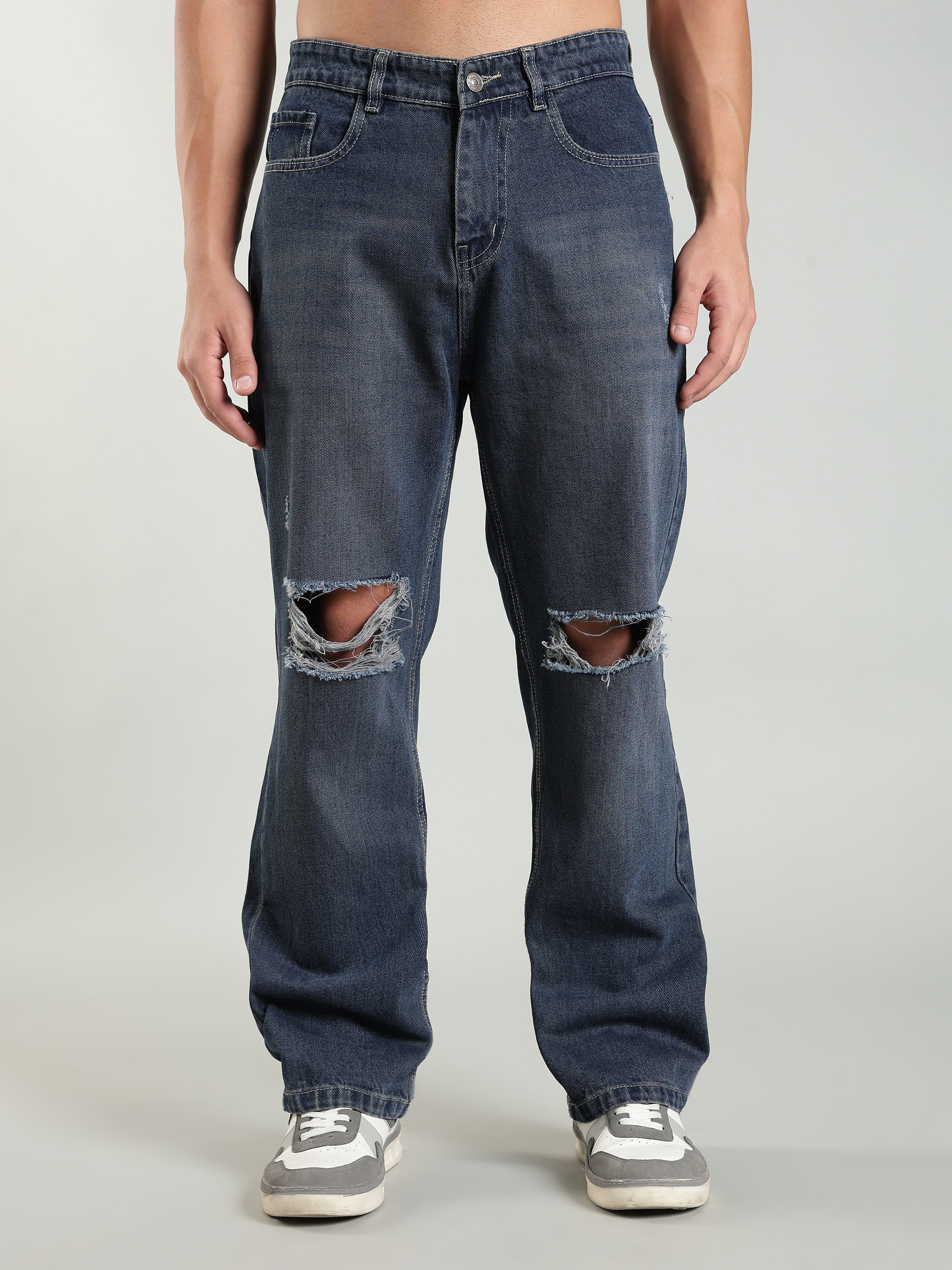 Dark Vintage Blue Ripped Jeans | Baggy Fit