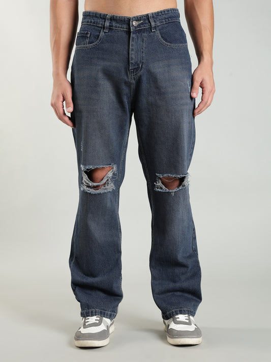 Dark Vintage Blue Ripped Jeans | Baggy Fit