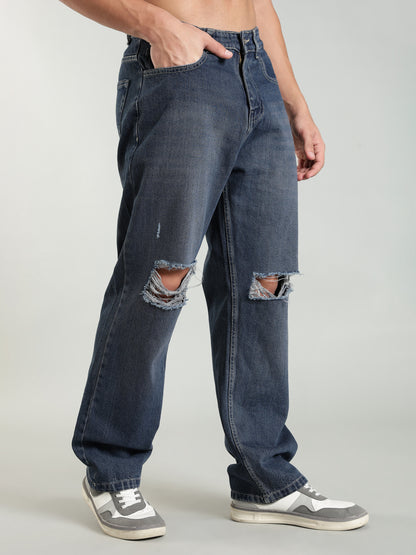 Dark Vintage Blue Ripped Jeans | Baggy Fit