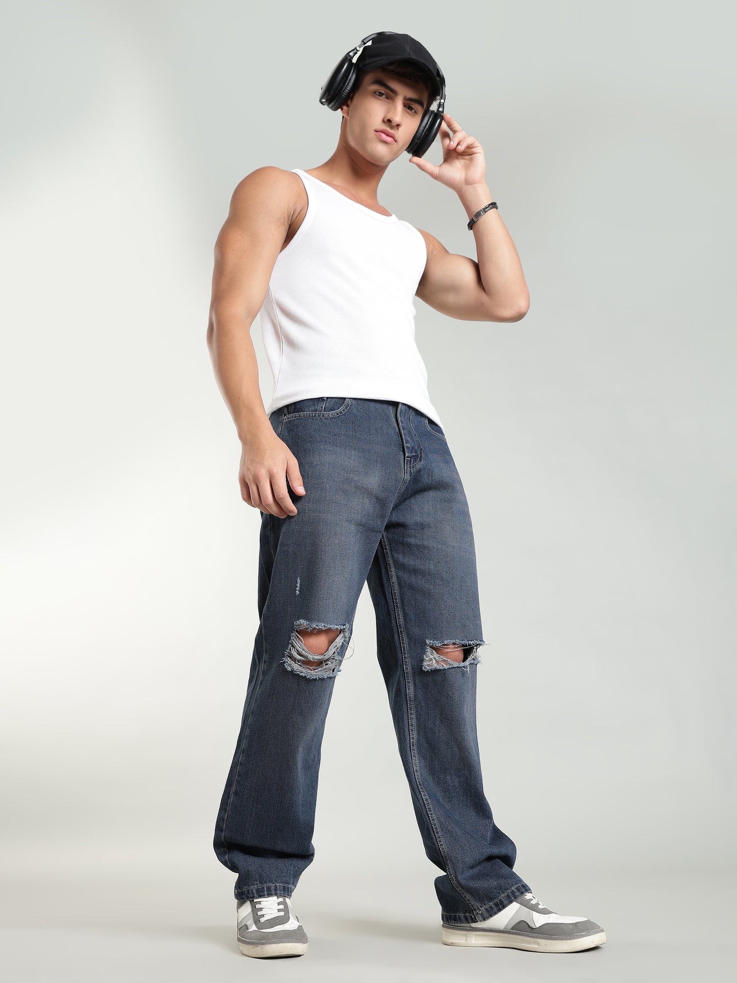 Dark Vintage Blue Ripped Jeans | Baggy Fit