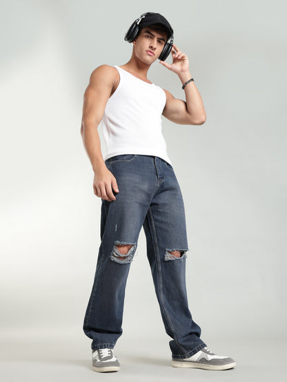 Dark Vintage Blue Ripped Jeans | Baggy Fit