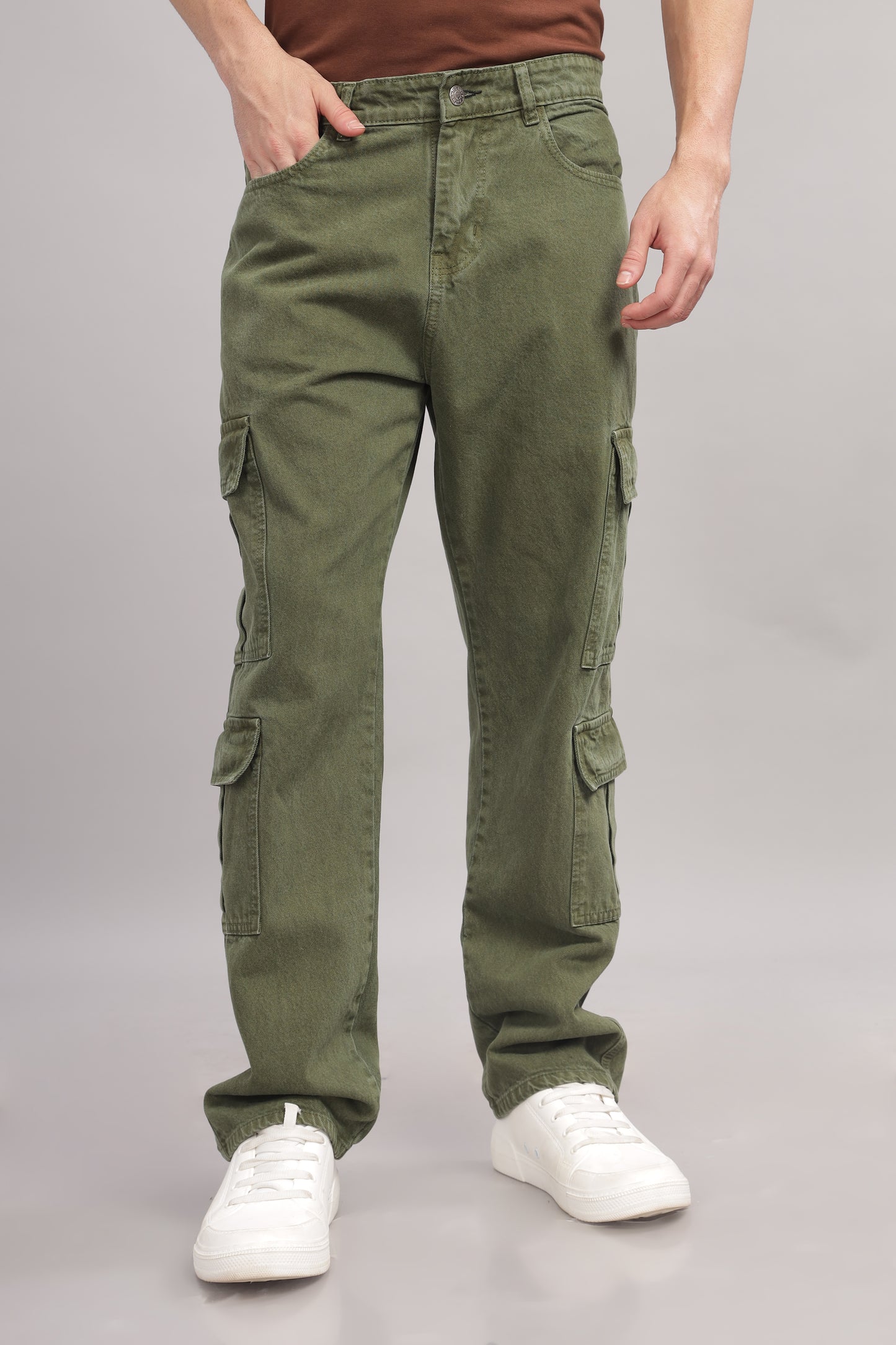 8 Pocket Cargo Denim | Baggy Fit Jeans | Olive Green