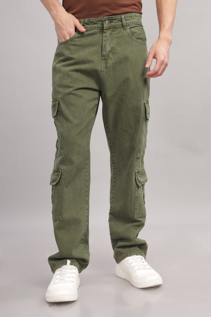8 Pocket Cargo Denim | Baggy Fit Jeans | Olive Green
